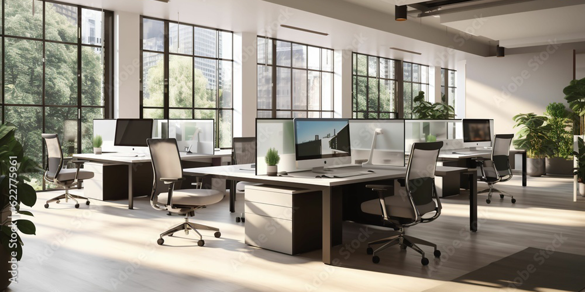 Sunny office space with rolling chairs. 